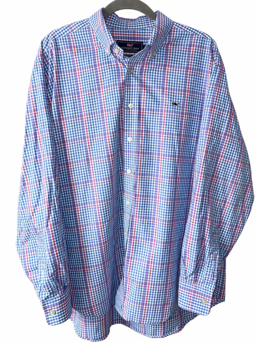 Vineyard Vines Whale Shirt Plaid Button Down Cotton Blue Pink Men’s Large Preppy